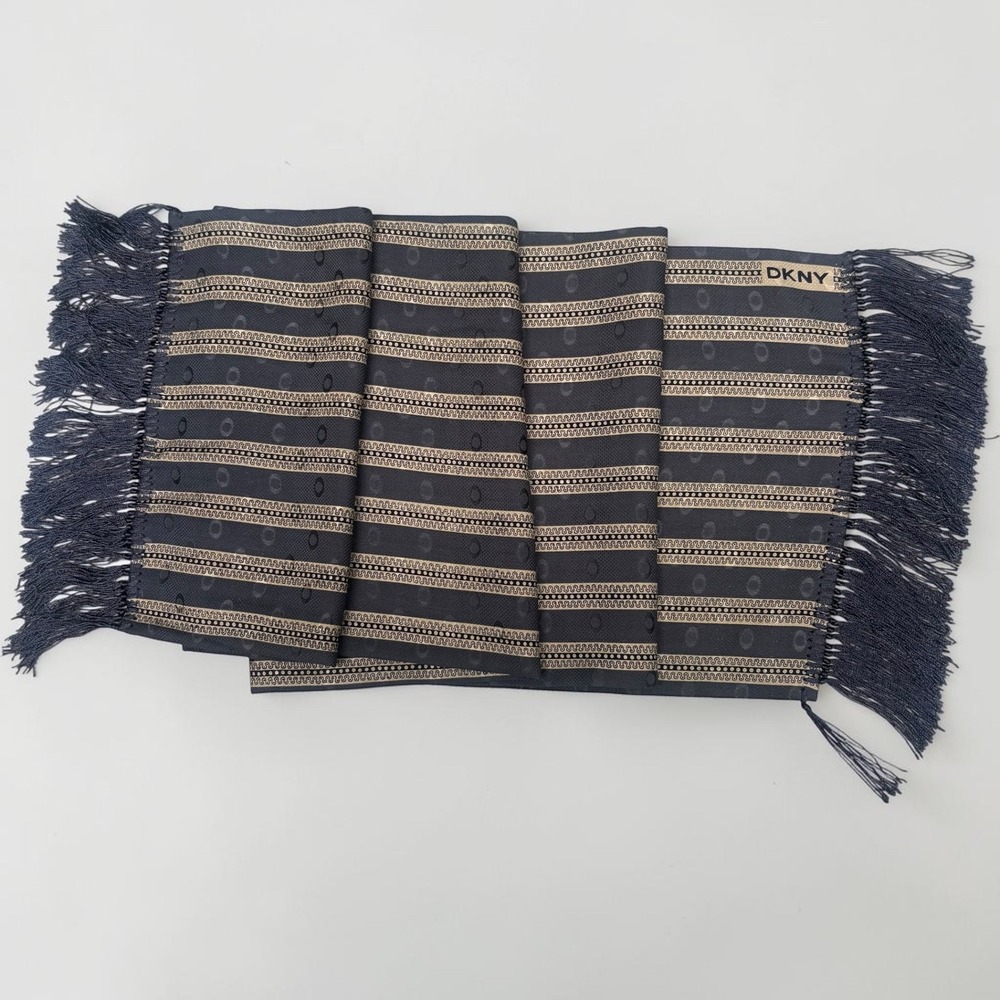 DKNY Scarf OS Black Gold 100% Silk Striped Fringe Logo Wrap Geometric Elegant